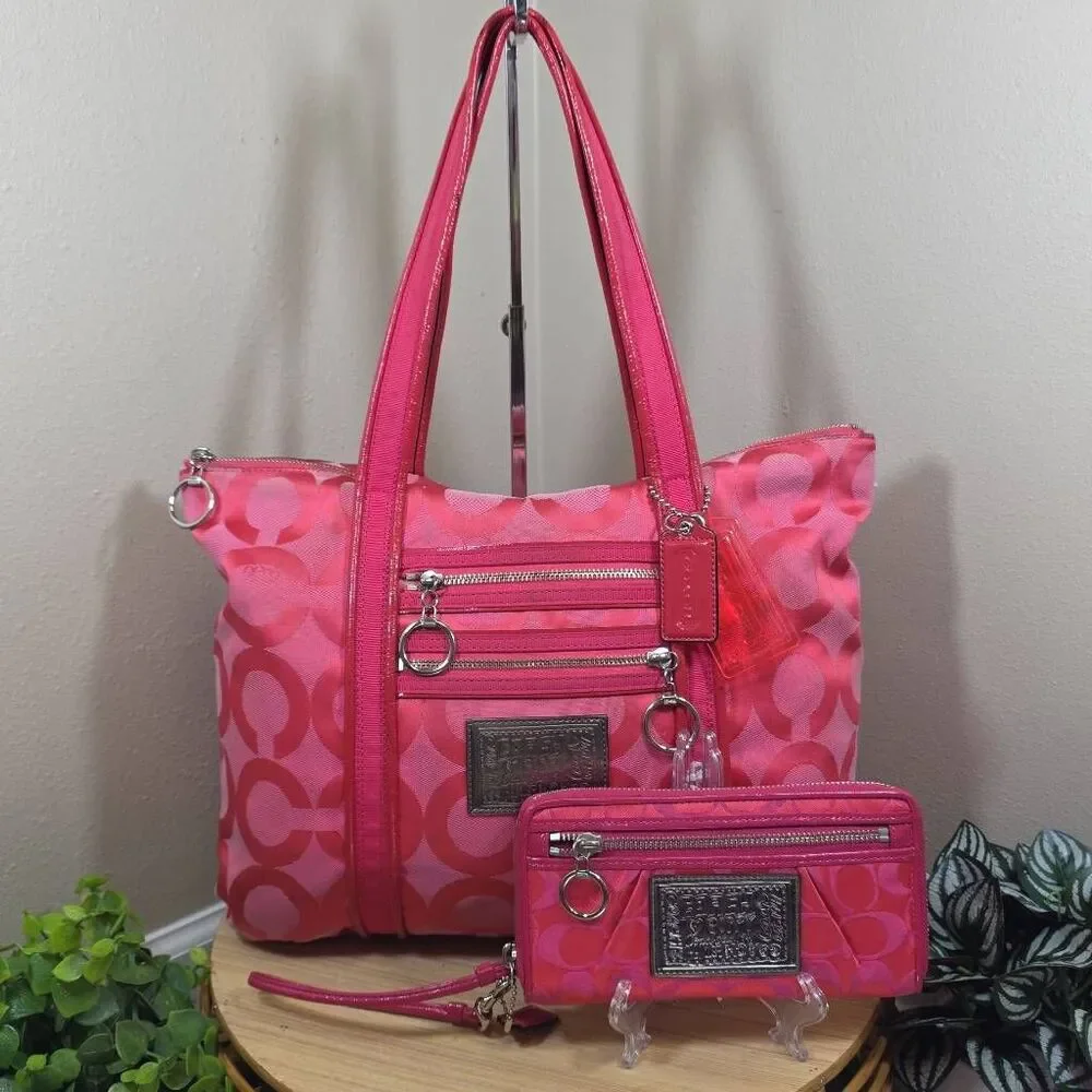 Coach Hot Pink Op Art C Signature Tote Bag and Wallet